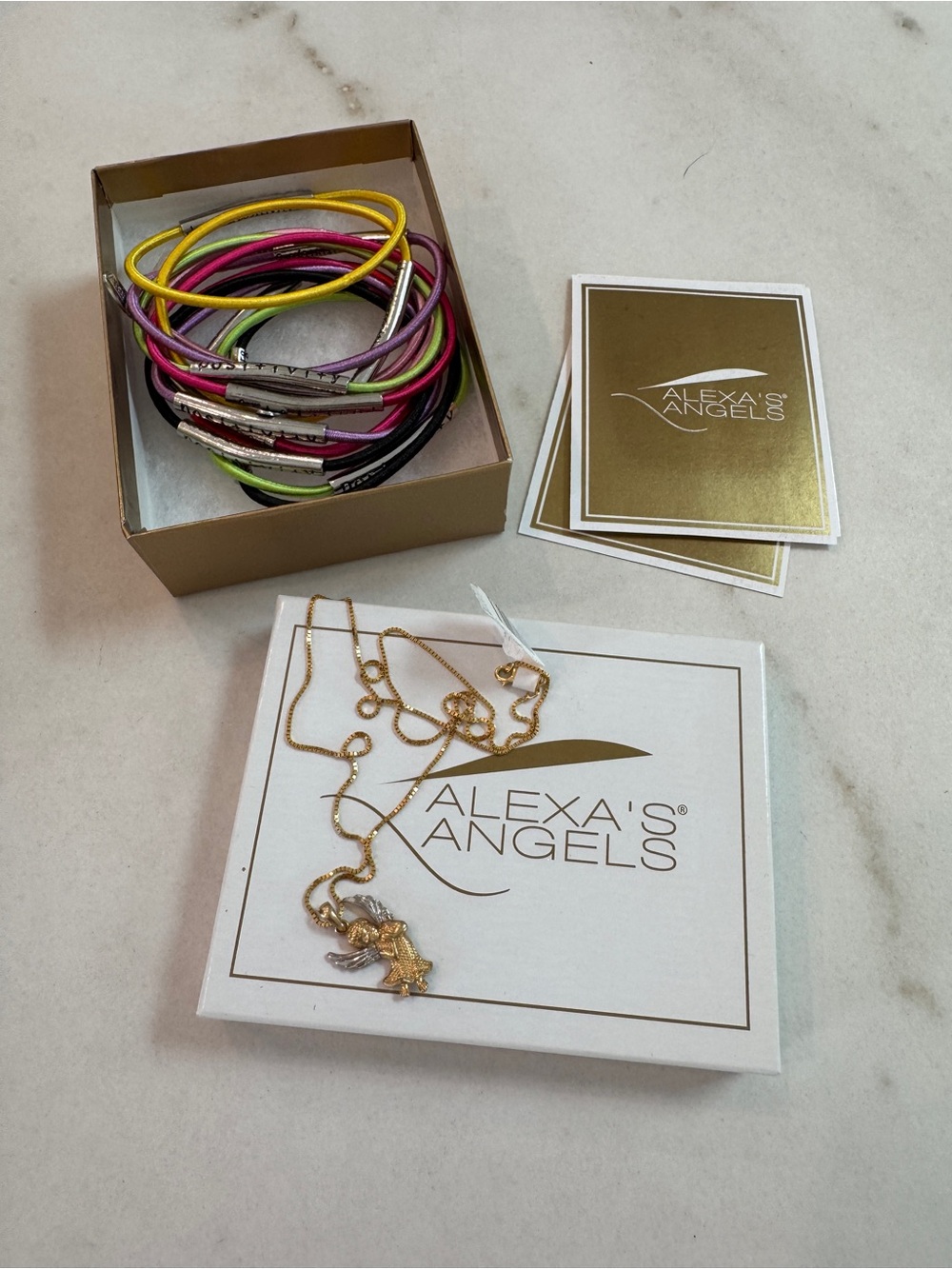 Alexa's Angels Gold Pendant Necklace with 13 “Positivity” Bracelets